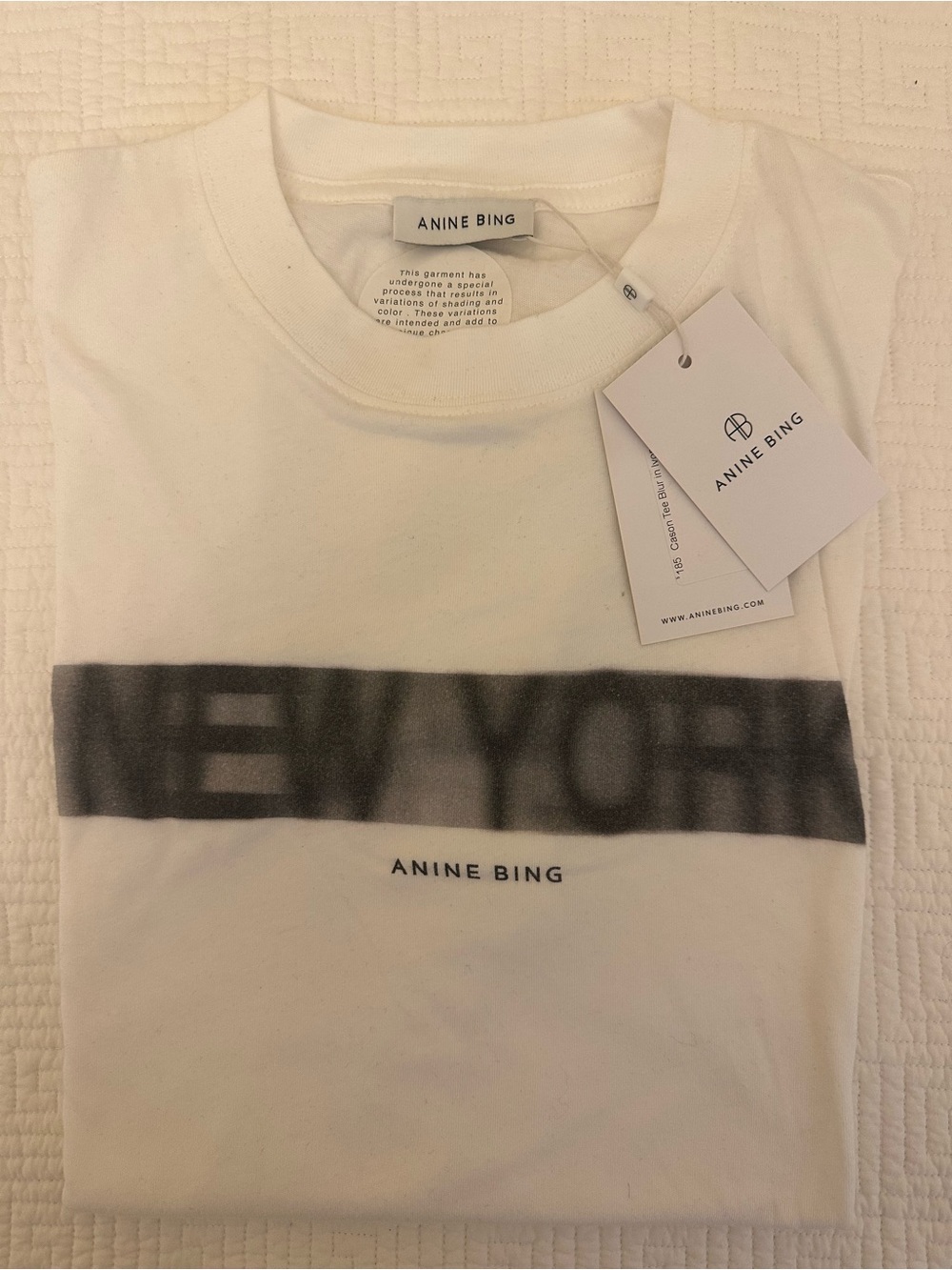 ANINE BING White Crewneck Carson Blur Tee with 'NEW YORK' - Picture 2 of 11